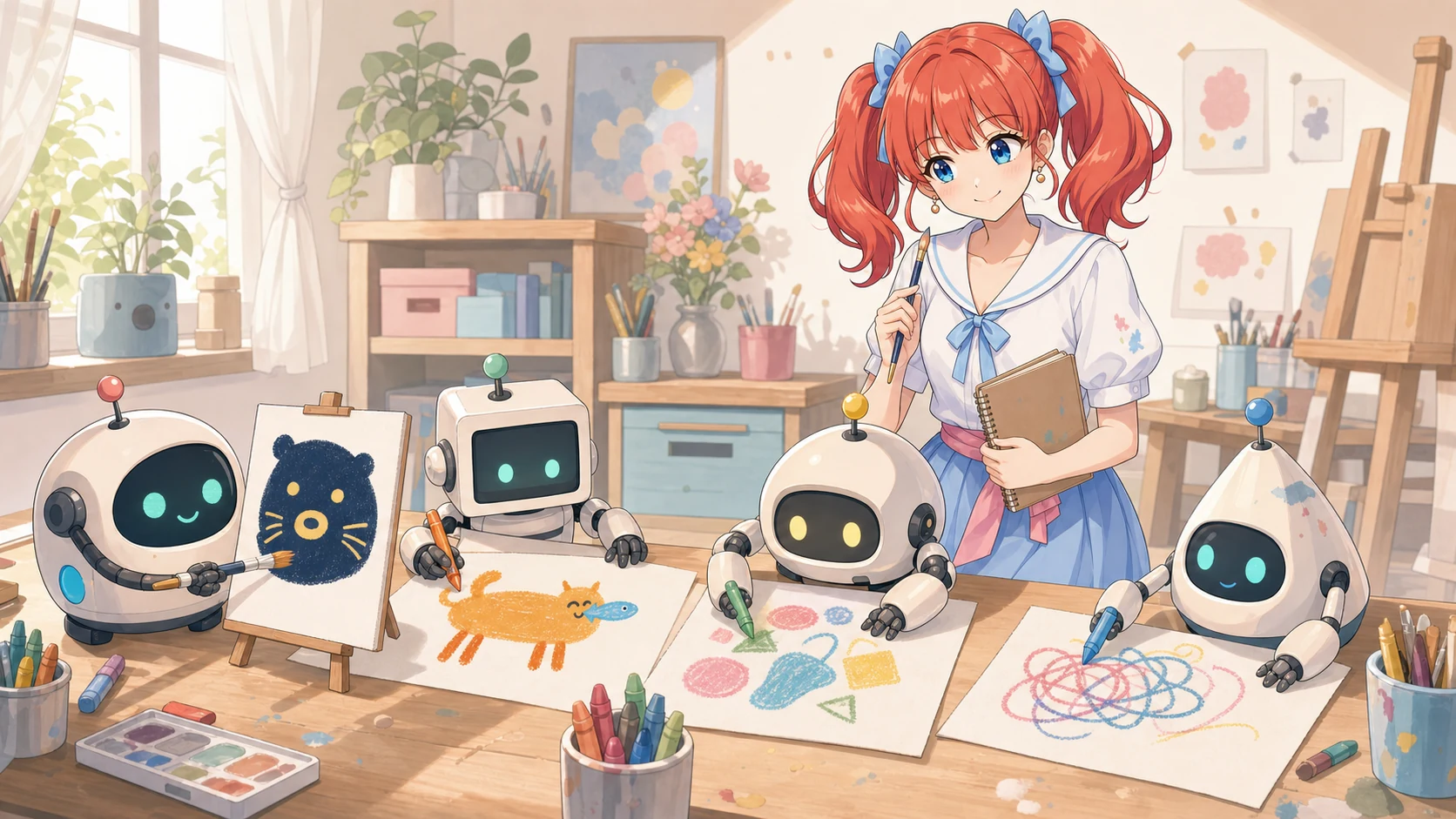 4体のAIロボットが描いた作品を、案内役がスケッチブックを持って見守るMorphifexの創作ラボ