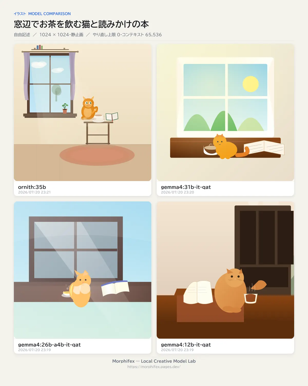 自由記述「窓辺でお茶を飲む猫と読みかけの本」のイラストを4モデルで比較した画像