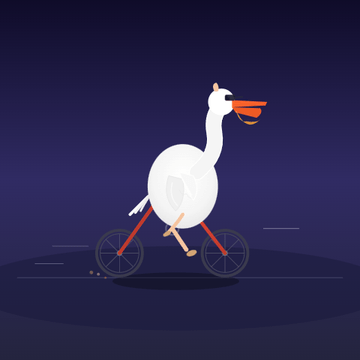 自転車に乗るペリカンのアニメーション。ペダルをこぐ脚と車輪が回り、背景の星がまたたく